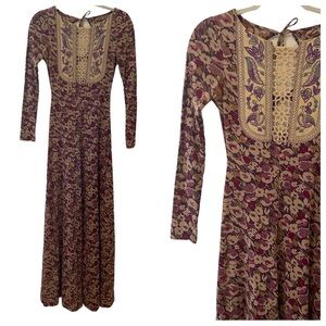 70s vintage boho floral lace long sleeve gown maxi dress
